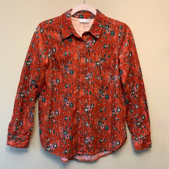 Anthropologie Building 13 Corduroy Floral Button-up Blouse Women 6 Orange Green - Picture 2 of 10